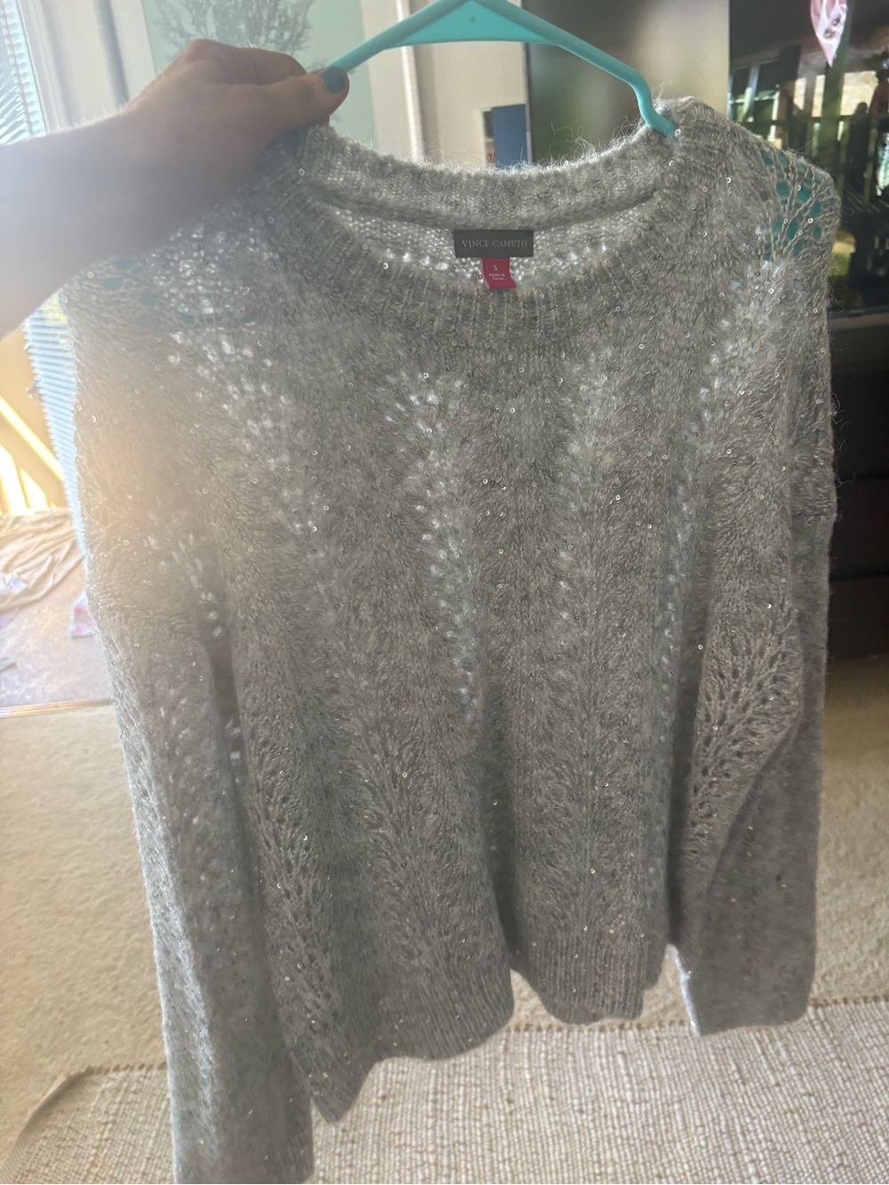 Vince Camuto Silver Open-Work Crewneck Sweater with Subtle Sparkle